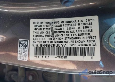 2015 Honda Civic Ex из США, поврежденный, VIN 19XFB2F83FE037251
